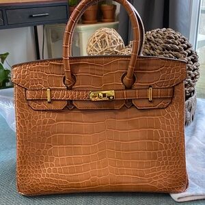 Crocodile Embossed Brown Handbag